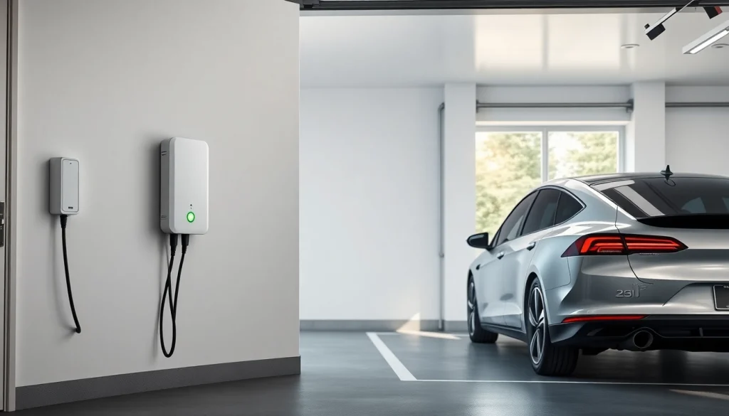 Electric vehicle charger installation price displayed with a modern charger in a well-lit garage.