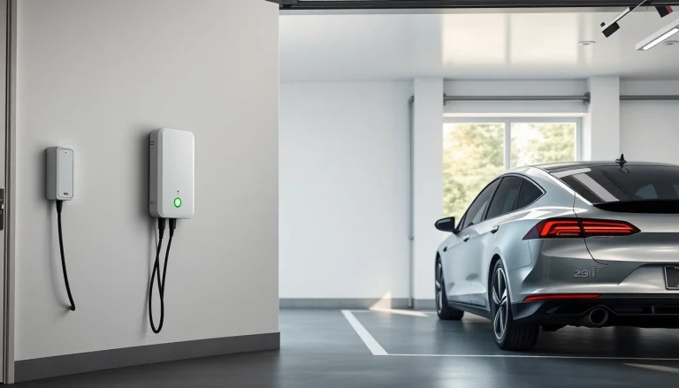 Electric vehicle charger installation price displayed with a modern charger in a well-lit garage.