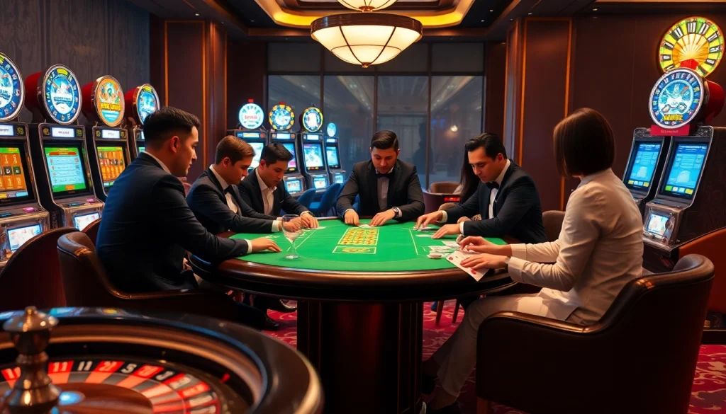 RIKVIP players enjoying high-stakes poker at an upscale casino table filled with vibrant chips and cards.