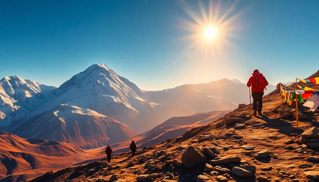 Everest Base Camp Trek scene with trekkers, Mount Everest, and prayer flags at sunrise.