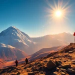 Everest Base Camp Trek scene with trekkers, Mount Everest, and prayer flags at sunrise.