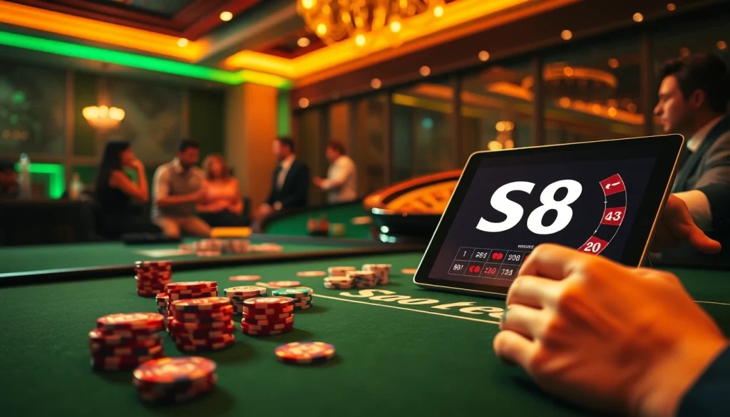 Engage with thrilling poker games at the vibrant s8 casino, featuring colorful chips and an exciting roulette wheel.