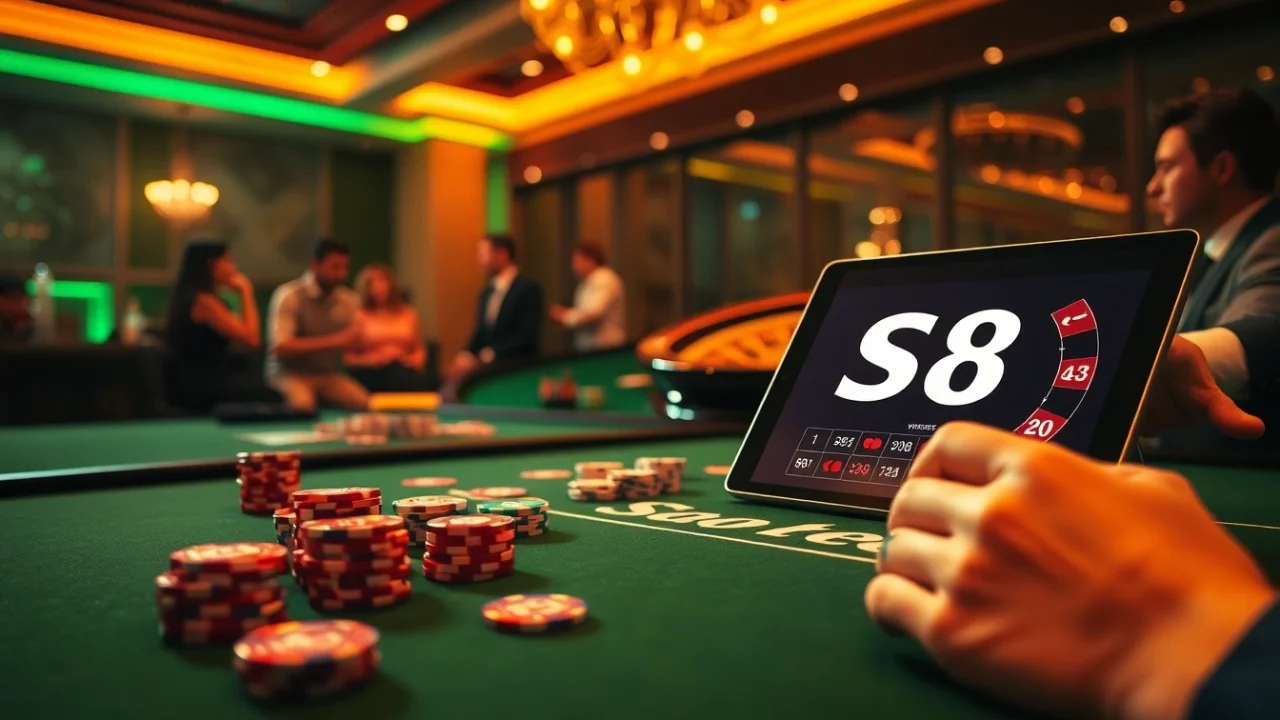 Engage with thrilling poker games at the vibrant s8 casino, featuring colorful chips and an exciting roulette wheel.