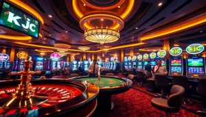 KJC players strategizing at a lively casino table, surrounded by vibrant slot machines.