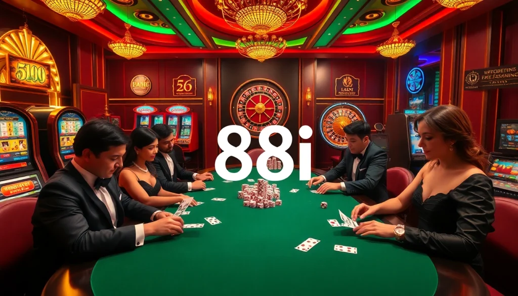 Engaged players at a luxurious 88i poker table with vibrant chips and an exciting casino atmosphere.