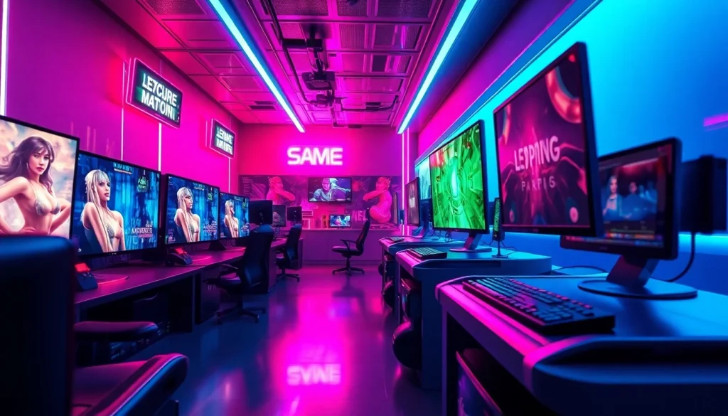 Porn games showcase in a futuristic gaming environment with vibrant neon lights.