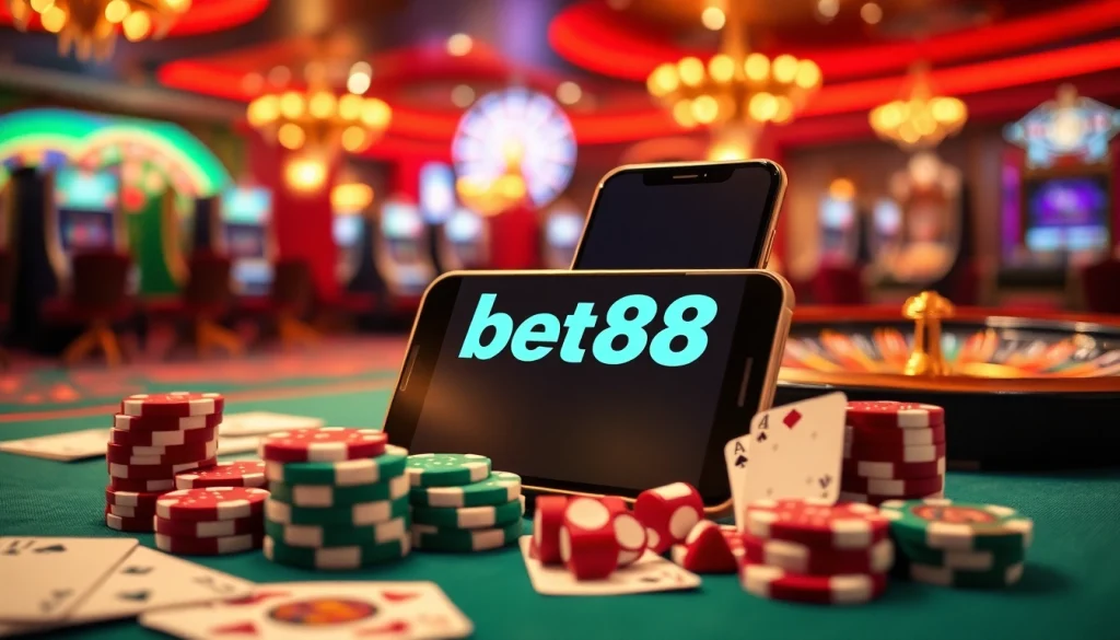 Enjoy thrilling gameplay with the Bet88 app on a luxurious mobile interface amidst casino excitement.