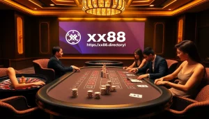 Players placing bets at an elegant poker table linked to https://xx88.directory/ showcasing casino excitement.