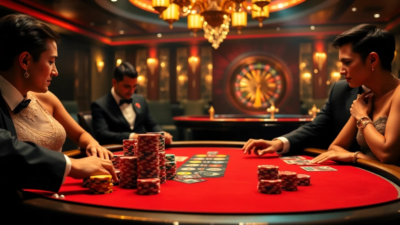 Action-packed poker scene at 79king casino with players and colorful chips.