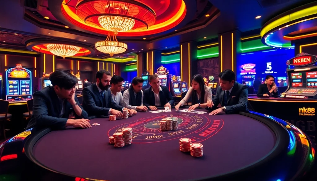 Players at an nk88 blackjack table strategizing their next move amidst casino excitement.