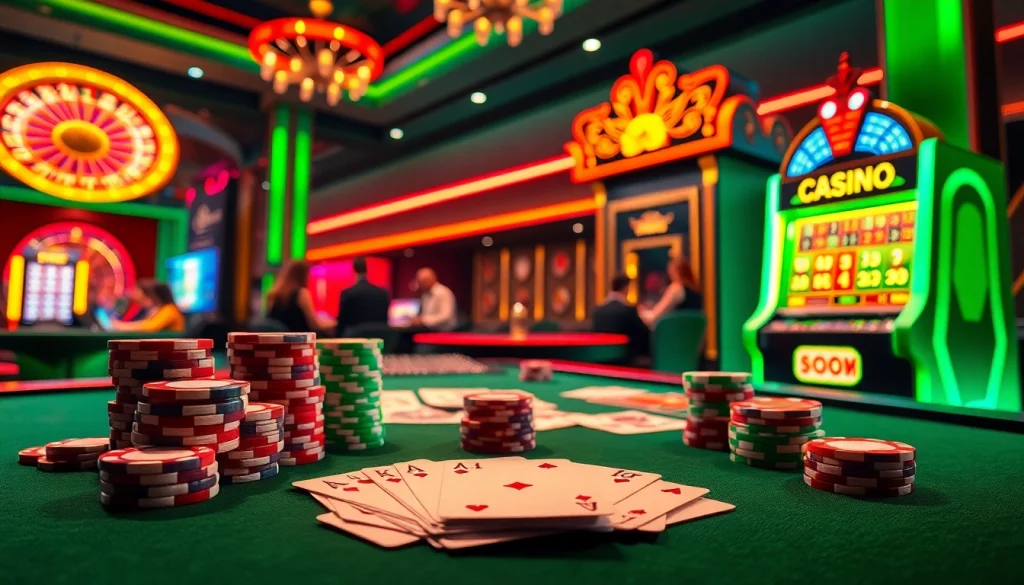 Experience the thrill of gambling at rikvip with vibrant poker tables and illuminated slot machines.