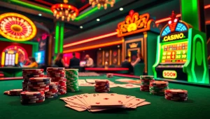 Experience the thrill of gambling at rikvip with vibrant poker tables and illuminated slot machines.
