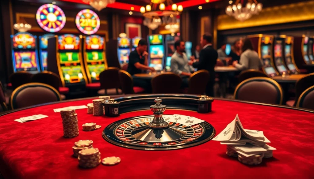 Immerse in the vibrant atmosphere of 888new's luxurious casino, featuring poker tables and slot machines.