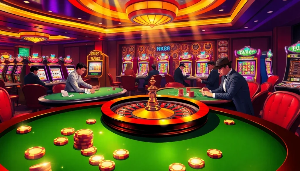 Experience thrilling casino moments with NK88 as vibrant roulette and poker tables attract enthusiastic gamblers.