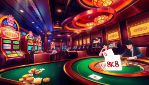 Players strategizing at the poker table in a luxurious GK88 casino atmosphere with vibrant slot machines.