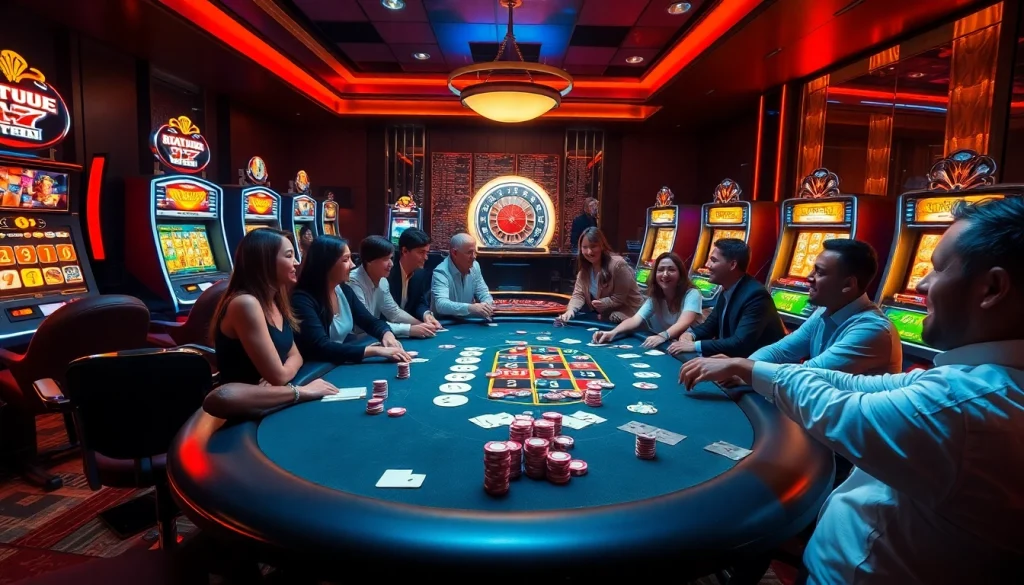 Players enjoying poker at thabet.com with vibrant casino elements, conveying excitement and luxury.