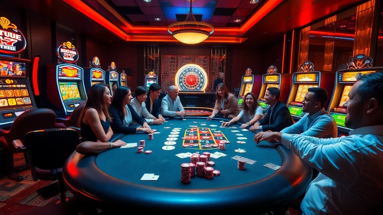 Players enjoying poker at thabet.com with vibrant casino elements, conveying excitement and luxury.