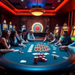 Players enjoying poker at thabet.com with vibrant casino elements, conveying excitement and luxury.