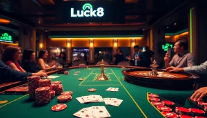 Experience excitement at luck8 com with vibrant casino gaming scenes featuring roulette and poker.