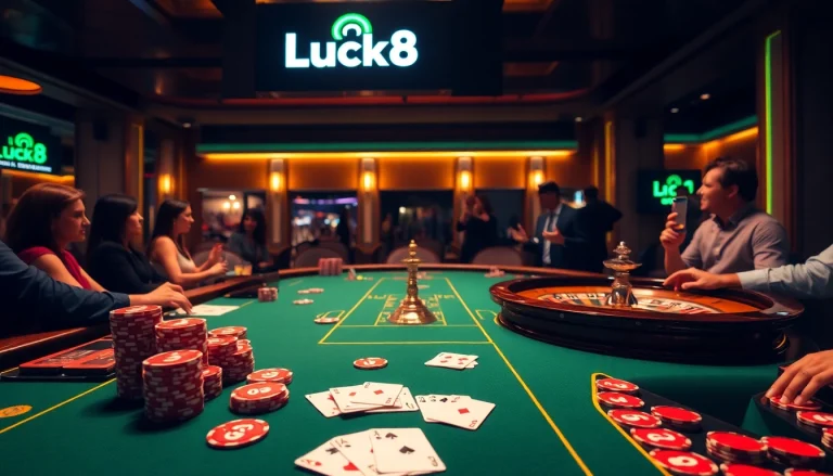 Experience excitement at luck8 com with vibrant casino gaming scenes featuring roulette and poker.