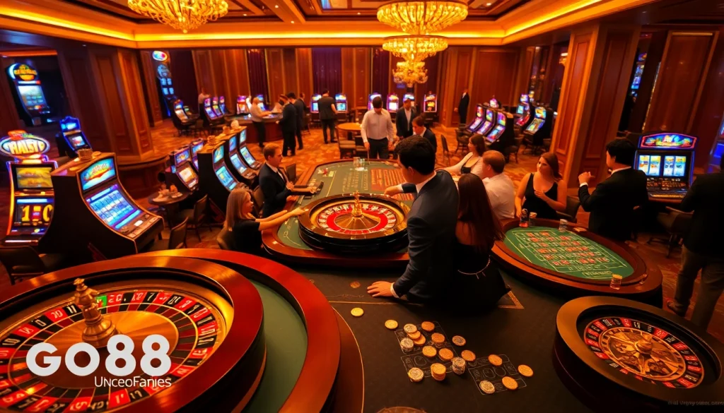 Players enjoying a thrilling moment at a GO88 casino table with vibrant lighting and exciting atmosphere.