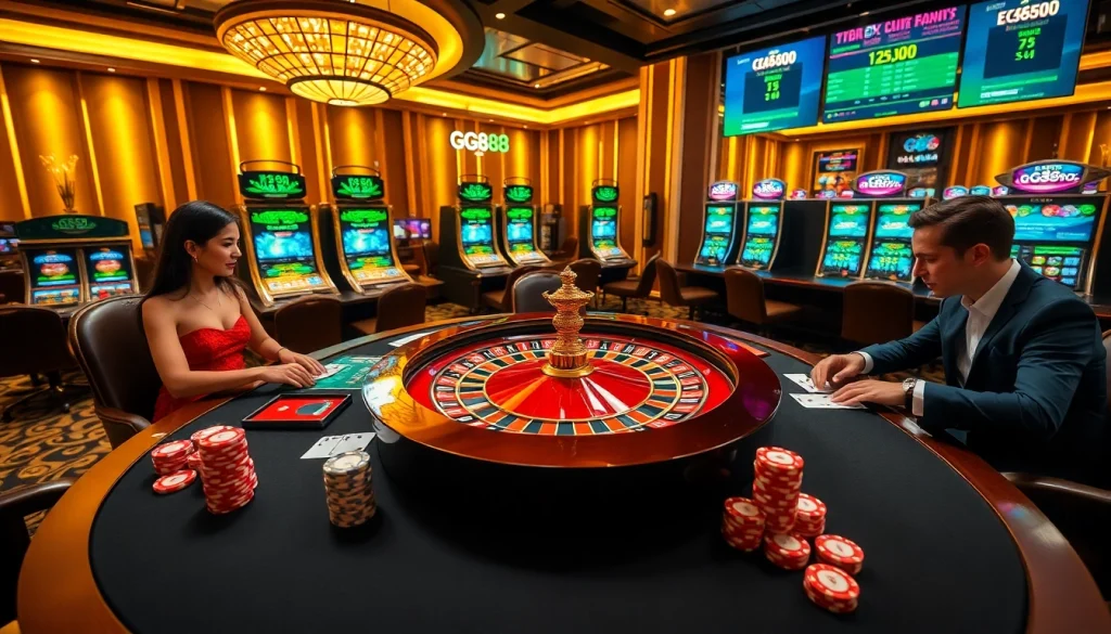 Players enjoying an upscale GG88 casino experience with poker chips and roulette.