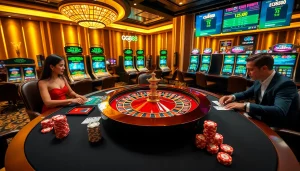 Players enjoying an upscale GG88 casino experience with poker chips and roulette.