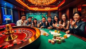 bancadoithuong casino scene with players enjoying roulette, poker chips, and excitement.