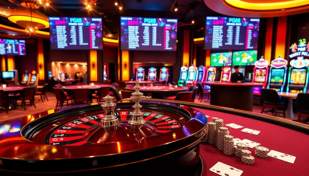 Experience thrilling games at PG88 casino, featuring roulette, poker chips, and live betting!