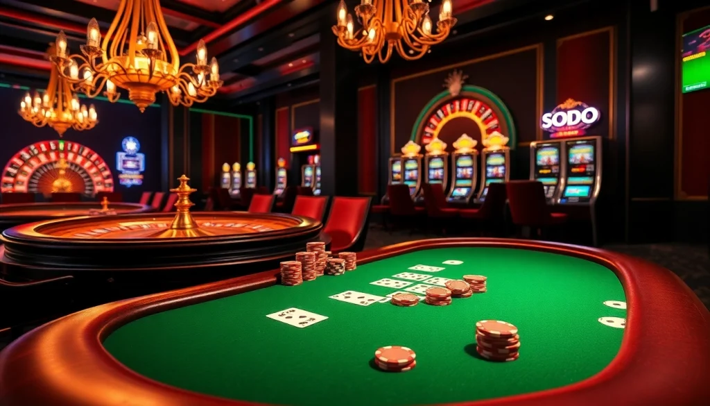 SODO66 players enjoying a thrilling casino experience at a high-end poker table loaded with chips and cards.