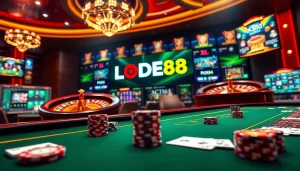 Playing high-stakes poker at LODE88's luxurious online casino with vibrant game displays