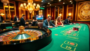 Tg88 casino showcasing an elegant gaming experience with roulette, poker chips, and players at tables.