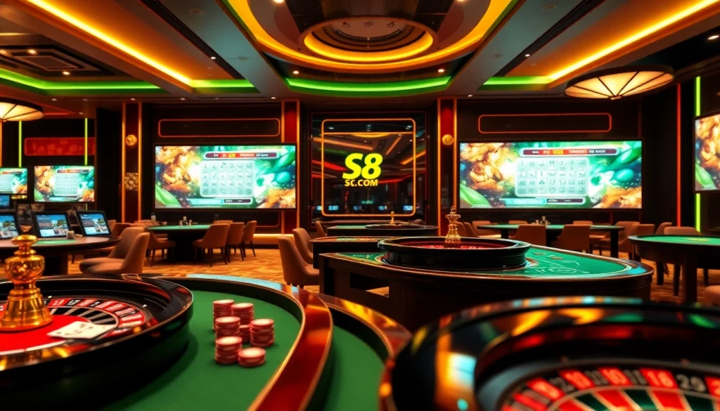 Experience the excitement of gambling at S8.COM with vibrant casino tables and poker chips.