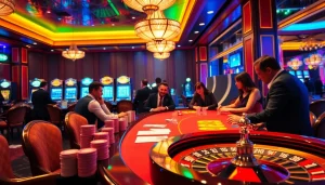 Players winning big at https://sumvip.mom/, enjoying a thrilling casino atmosphere with poker chips and cards.