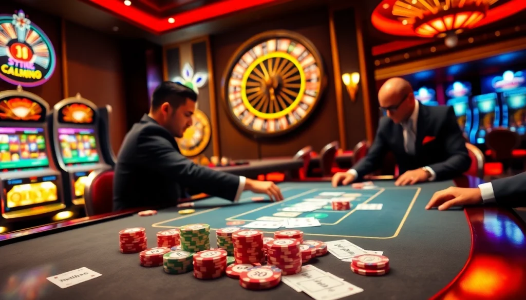 Hello88 captures the excitement of a vibrant casino with poker tables, chips, and a roulette wheel.