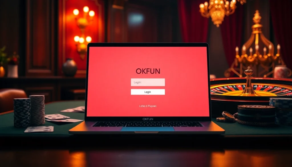 Logging into OKFUN for exciting casino games featuring poker chips and roulette wheel.