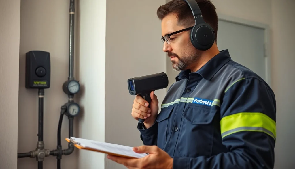 Leak detection technician using advanced technology to identify hidden water leaks in a modern home setting.