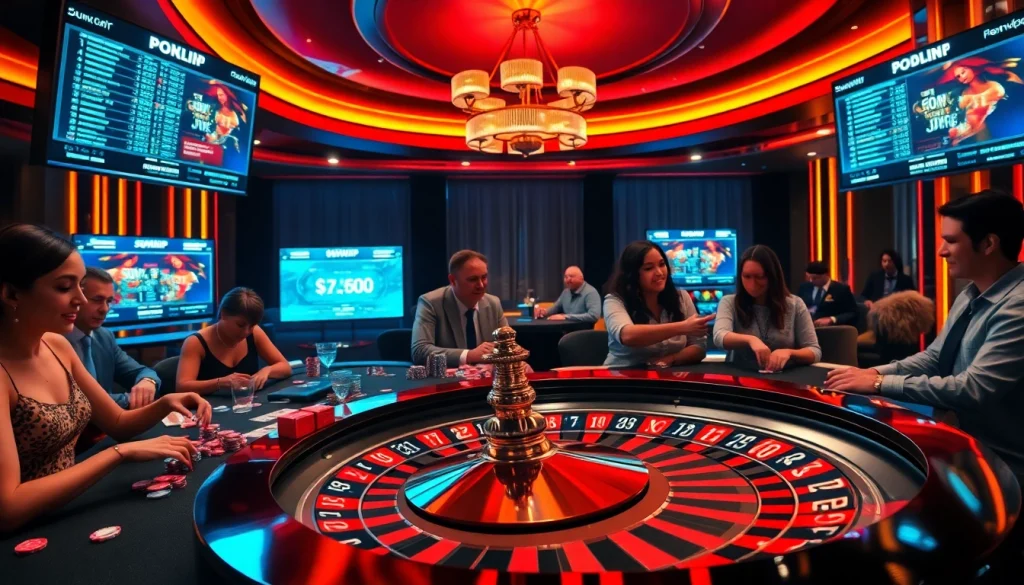 Players engage in thrilling poker and roulette games at a luxurious casino with sumvip and colorful chips.