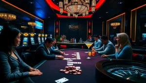 Exciting casino atmosphere at AZ88 with poker players, cards, and vibrant slot machines.