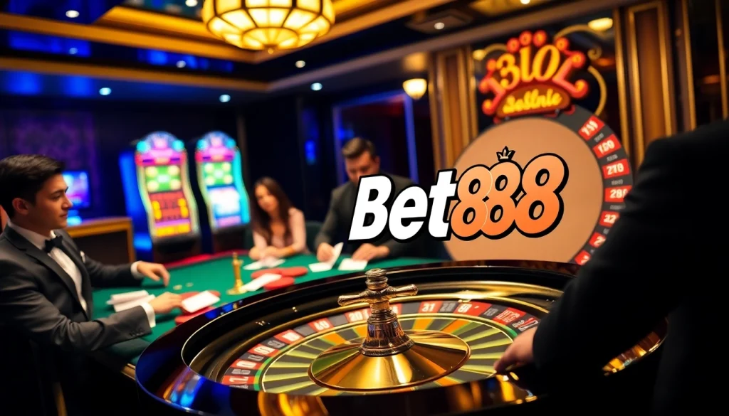 Excited players betting on Bet88 com vn at a glamorous roulette and poker table in a luxurious casino.