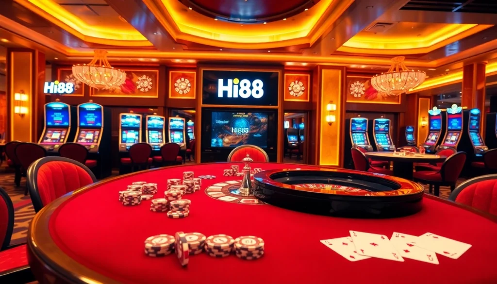 Engage with Hi88's thrilling casino experience featuring poker chips and roulette tables.