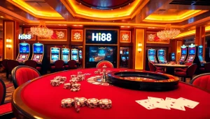 Engage with Hi88's thrilling casino experience featuring poker chips and roulette tables.