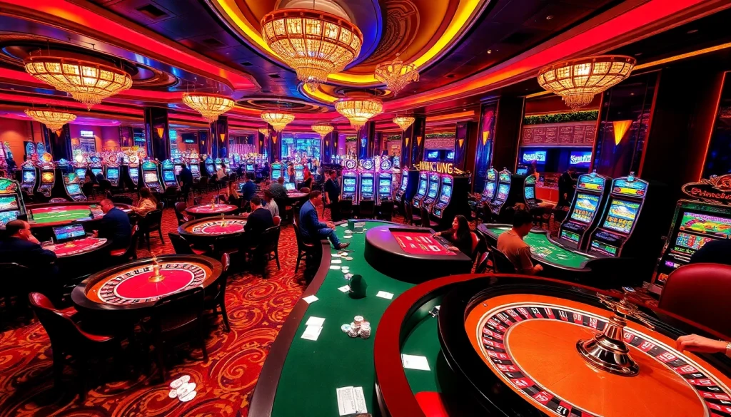 Experience the thrill of gambling at mb66.nyc with a vibrant casino scene showcasing roulette, slots, and engaged players.