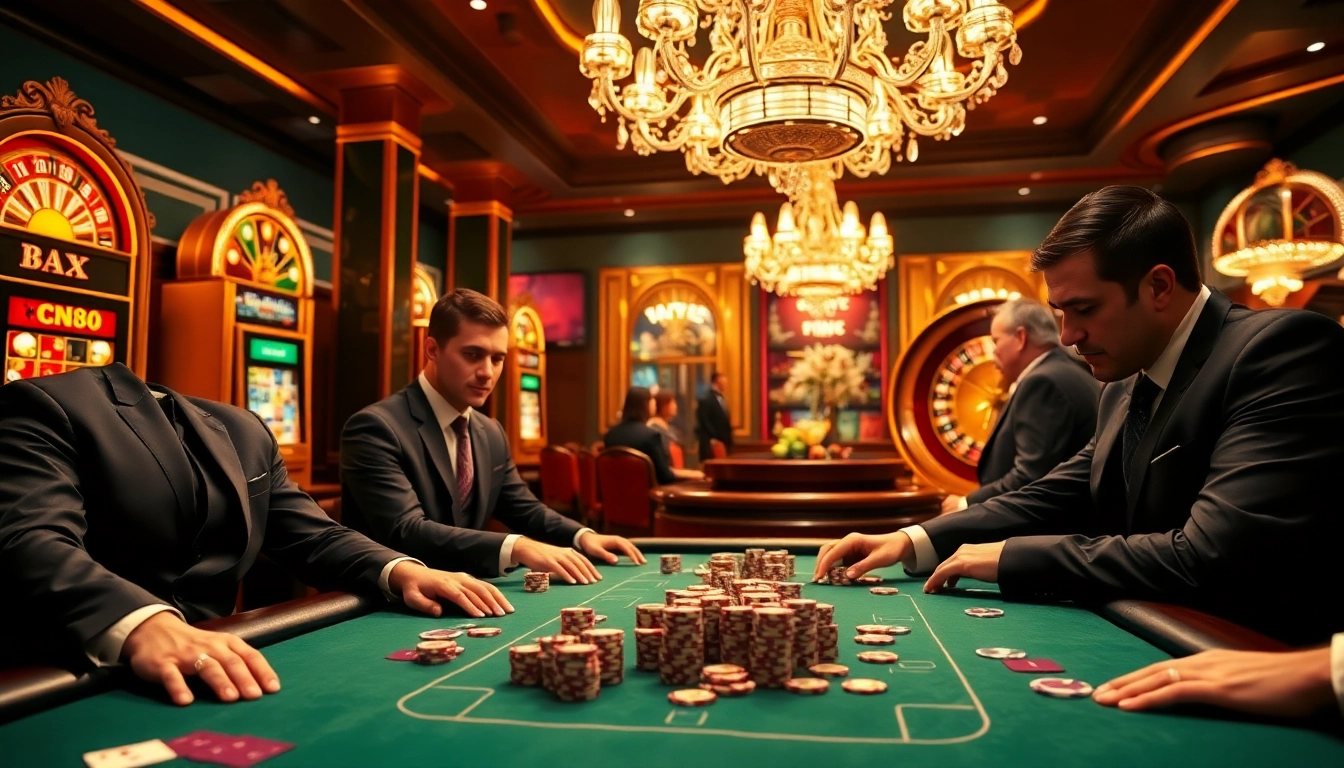 Engaging gameplay at a professional casino table featuring CM88 poker chips and vibrant atmosphere.