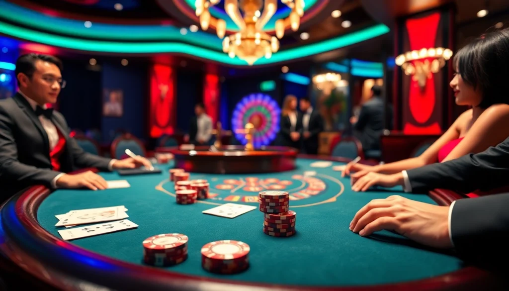 Play poker at Kp88 casino with vibrant lighting and luxurious atmosphere.