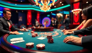 Play poker at Kp88 casino with vibrant lighting and luxurious atmosphere.