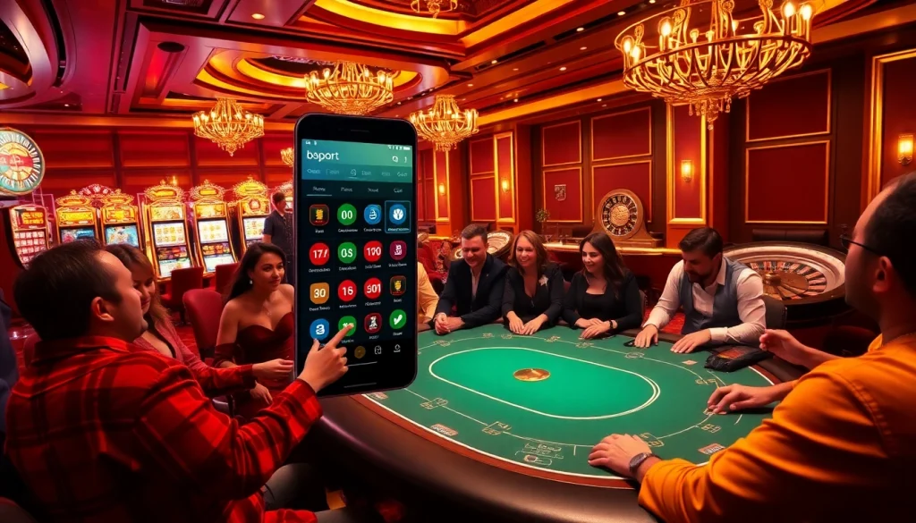 Engaged players experiencing the thrill of the bsport app at a luxurious casino poker table.