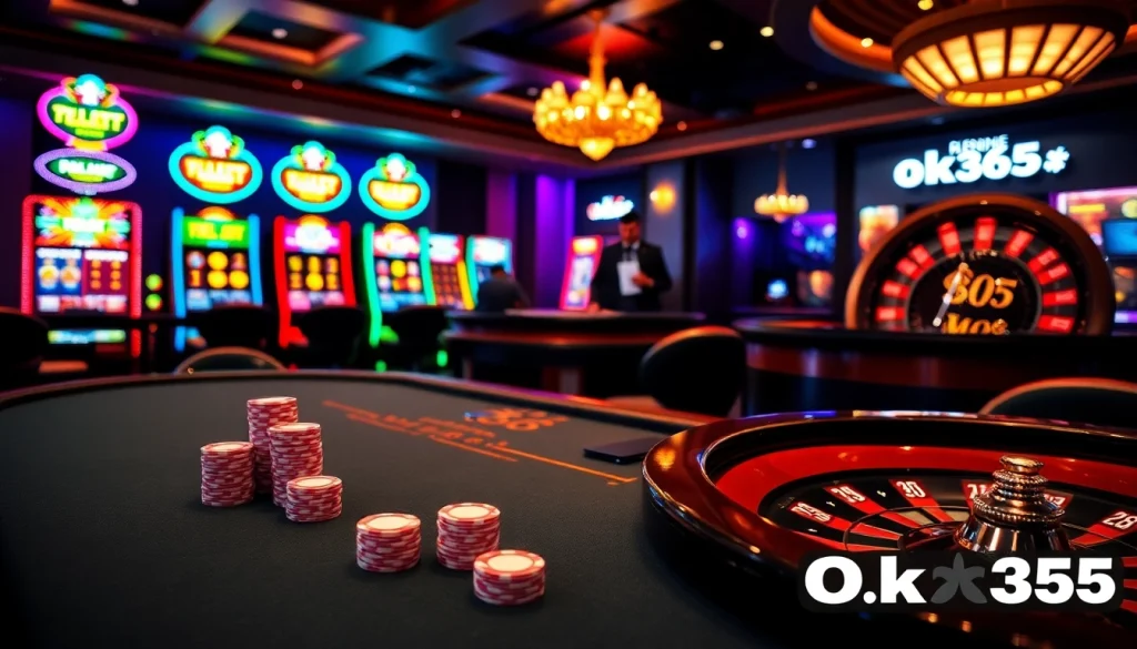 Experience the excitement of gambling at Ok365 with a luxurious casino scene featuring poker and slot machines.
