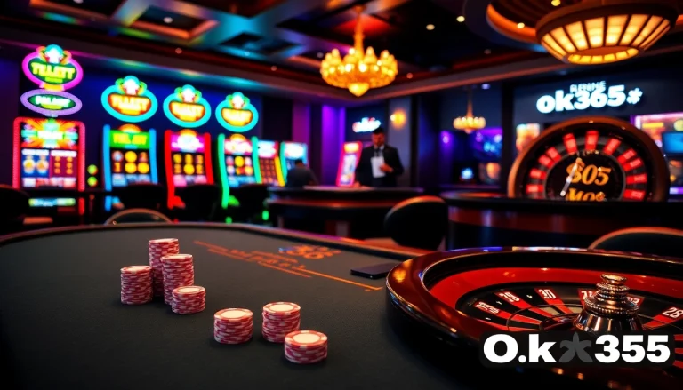Experience the excitement of gambling at Ok365 with a luxurious casino scene featuring poker and slot machines.