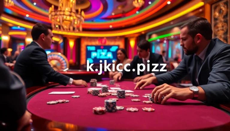 Engaging poker players at a vibrant table showcasing https://kjc.pizza/ experiences with colorful chips and high stakes.
